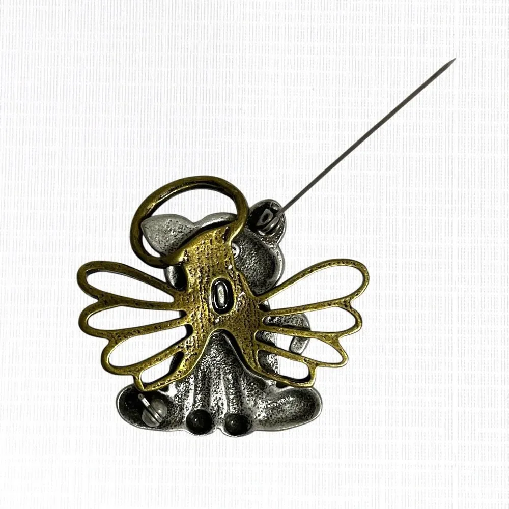 Vtg Kitten Angel Pin Brooch Green Bow Crazy Cat Lady Christmas Tabby Kitschy